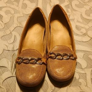 Vionic Taupe Loafers with chain accent